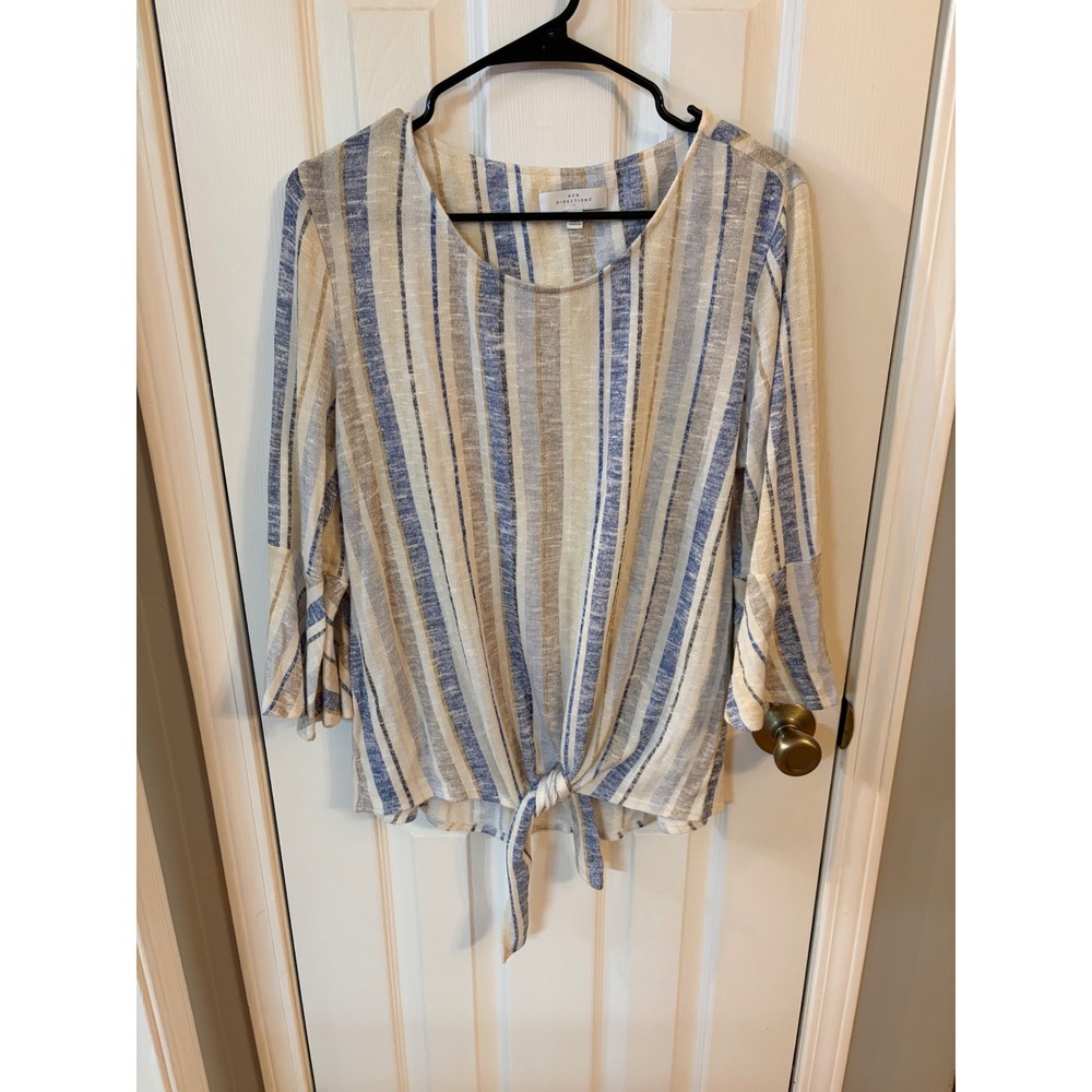 New Directions Blouse Womens L Blue Tan Striped Bell Sleeve Tie Front Knit Top